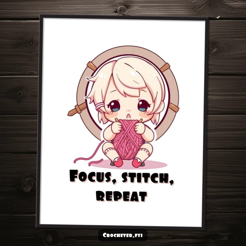 Funny poster art of a focused character carefully weaving yarn through a needle's eye, highlighting knitting precision.