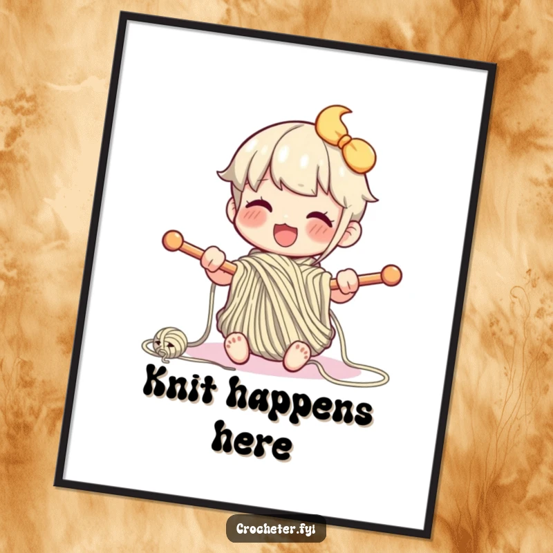Funny poster of a happy character enthusiastically knitting with yarn and large needles, a charming piece of art.