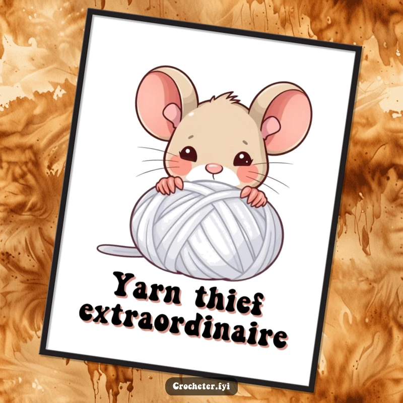 Funny poster showcasing a victorious mouse peeking from behind a large ball of yarn, celebrating crafting achievements.