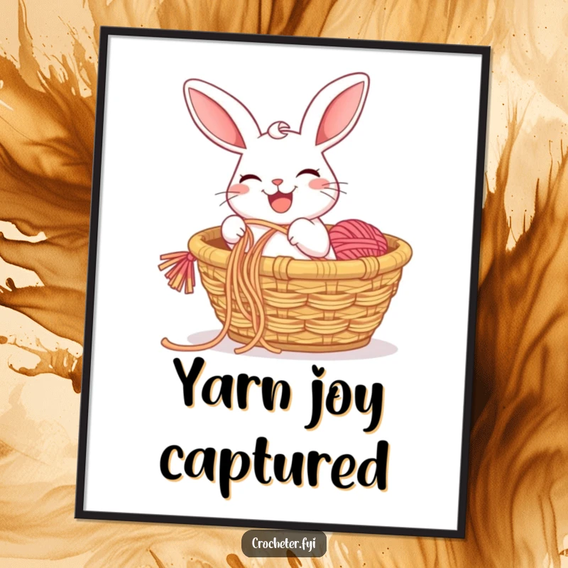 Funny poster of a happy rabbit with a wide grin, pulling a long string of colorful yarn from a basket, a charming illustration.