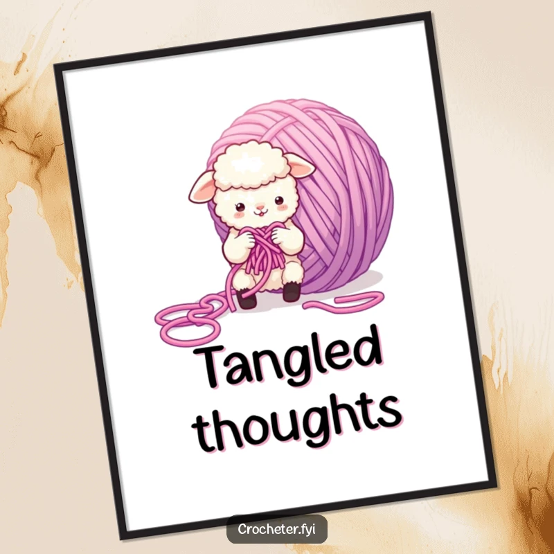 Funny Sheep Poster of a small, fluffy sheep character comically trying to knit a giant, tangled ball of yarn, adding humorous decor.