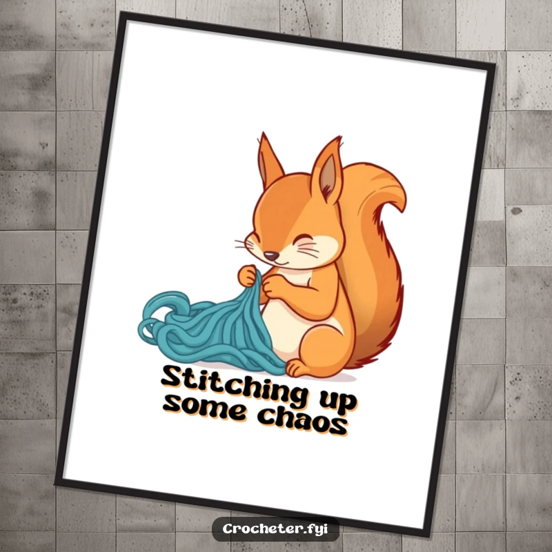 Funny squirrel focused on crafting a new stitch, displayed on a poster, offering humorous wall art for crafters.