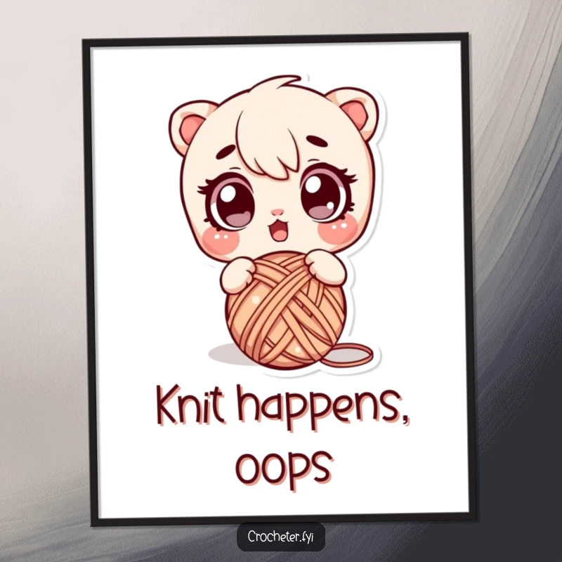 Funny poster displaying a surprised character losing control of a ball of yarn, creating a humorous and relatable scene for craft lovers.