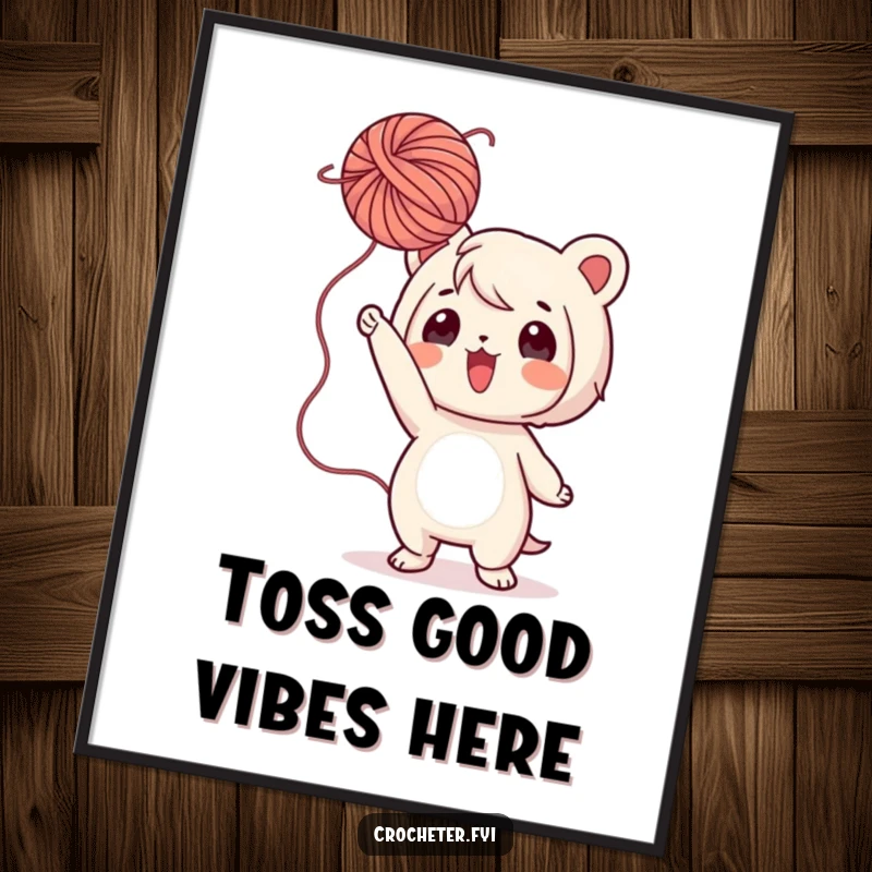Funny Yarn Art Poster: A playful character is depicted tossing a fluffy ball of yarn, creating a scene of energetic crafting fun.