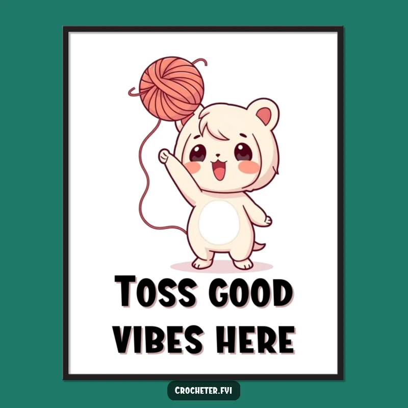 Funny Yarn Art Poster: Playful Character Tossing Yarn, Whimsical Craft Decor