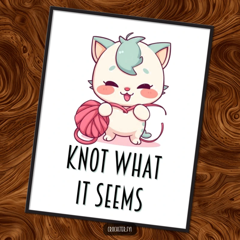 Funny poster art of a playful character with a mischievous grin tangling yarn into a knot, perfect for adding humorous decor.