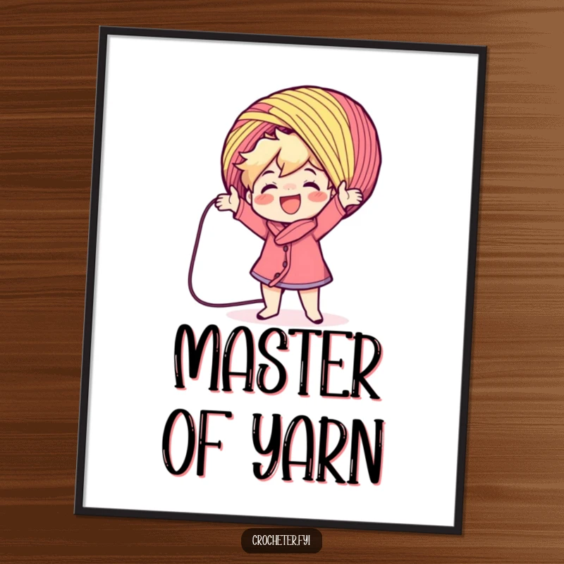Funny character enthusiastically casting a large colorful yarn ball, displayed as a poster. A delightful and humorous crafting illustration, perfect as a funny gift.