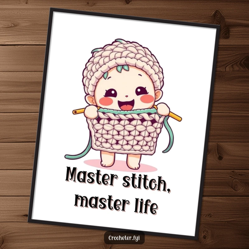 Funny Crochet Art Poster: A happy character enthusiastically shows how to perform a complex crochet stitch, celebrating fiber art.