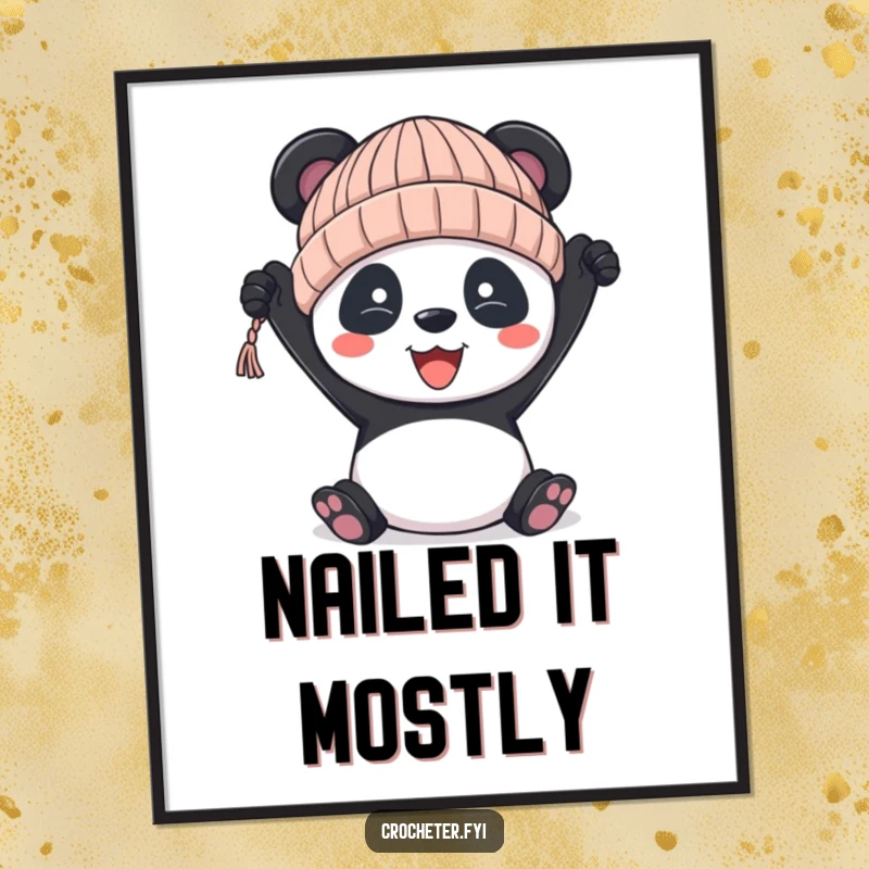 Funny panda poster, showing a panda cheering with a slightly crooked knitted hat, adding whimsy to decor.