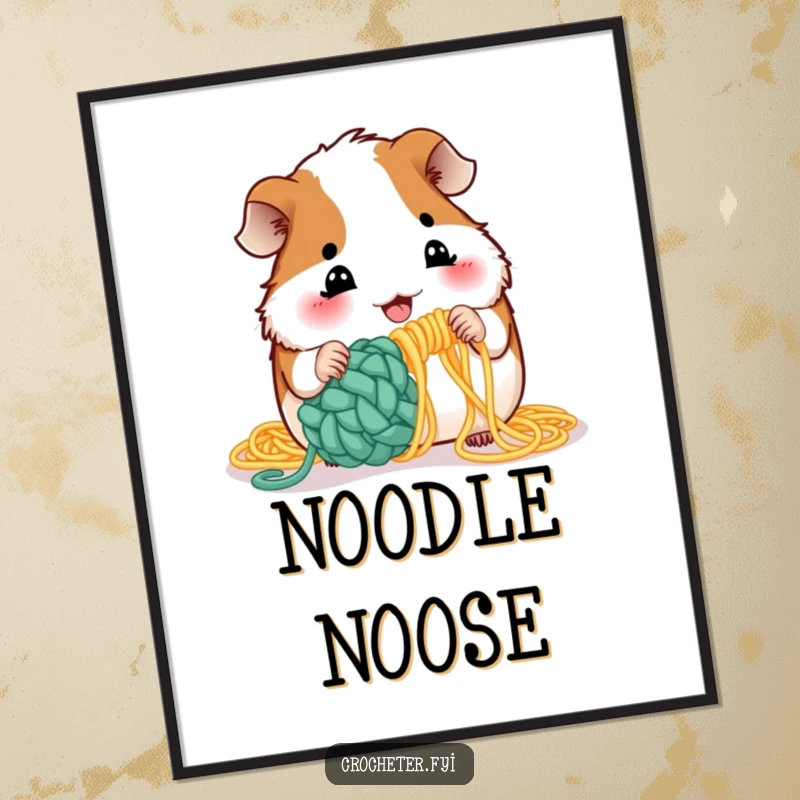 Funny guinea pig crochet poster showing a playful rodent using uncooked spaghetti as yarn for a crafting project.