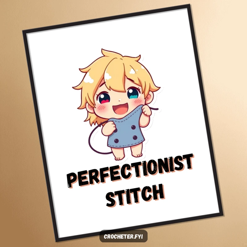 Funny poster depicting a happy character exuding pride while showcasing a flawlessly formed stitch, celebrating crafting perfection.