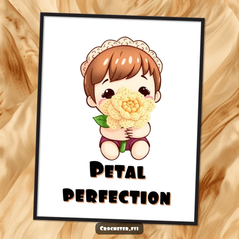 Funny poster art of a content character proudly holding a meticulously crocheted flower, showcasing skill.