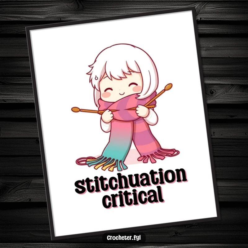 Funny poster art of a cute, smiling character knitting a long, colorful scarf with big needles, perfect for yarn-lover decor.