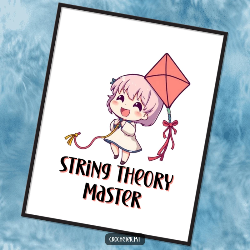 Funny poster of a delighted character flying a long, colorful yarn strand like a kite, bringing whimsical energy.