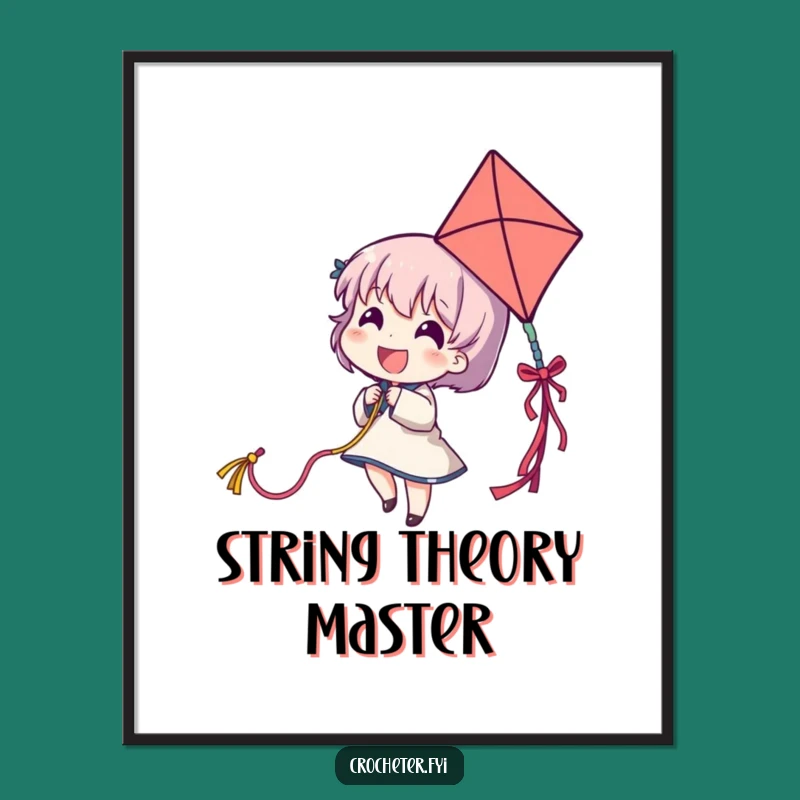 Funny Yarn Kite Poster - Delighted Character Flying Colorful Strand, Whimsical Decor Gift