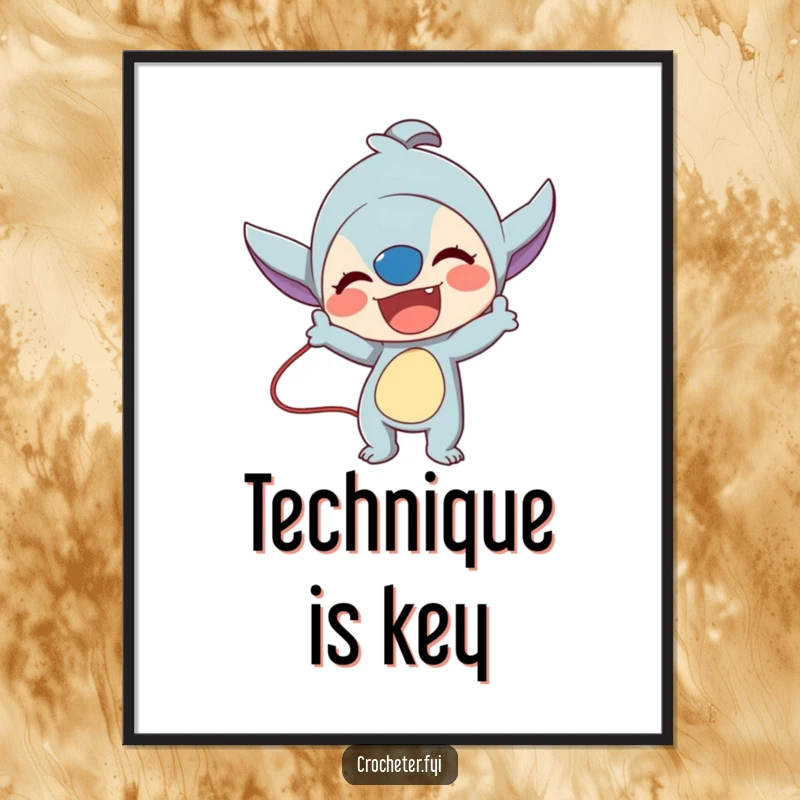 Funny poster art of an energetic character excitedly demonstrating a complex stitch technique, full of passion.