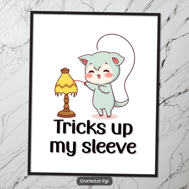 Funny poster, mischievous character looping a thread around a lamp, humorous wall decor for prank lovers.