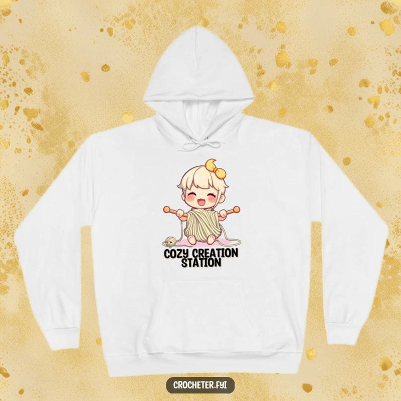Funny hoodie featuring a happy character enthusiastically looping yarn with knitting needles, offering cozy humor for crafters.