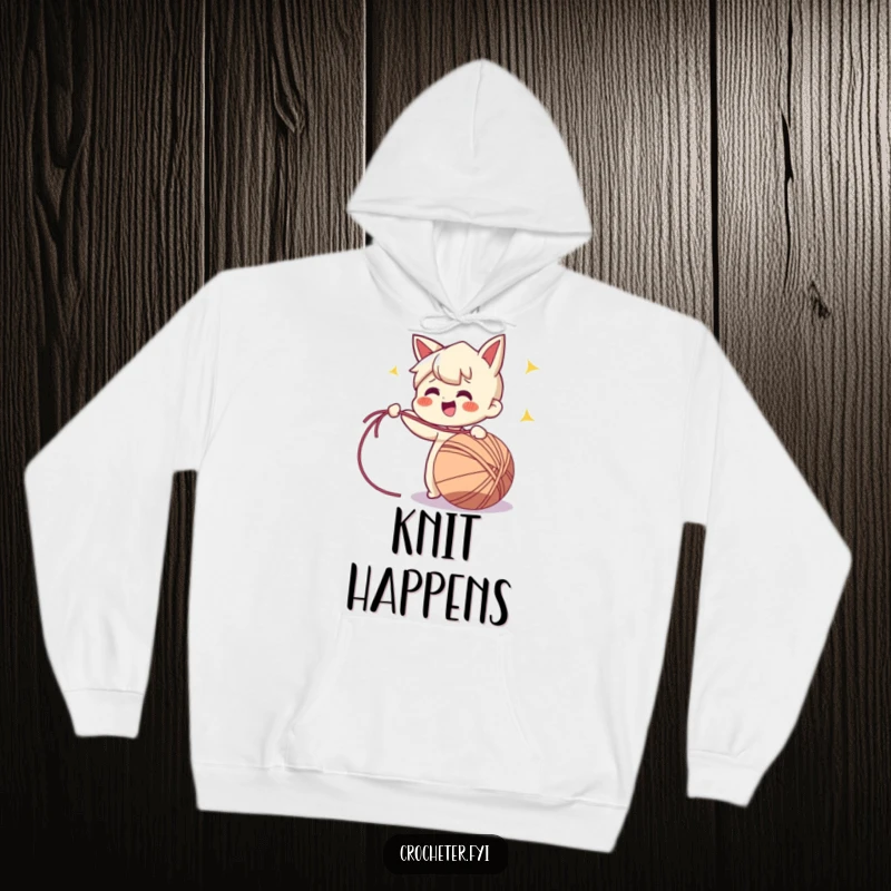 Funny hoodie with a cheerful character enthusiastically pulling a long strand of yarn from a ball, ideal for cozy crafting.