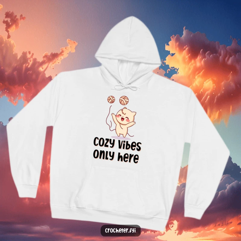 Funny yarn tossing character hoodie, cozy and warm, with a delightful depiction of playful yarn mischief.
