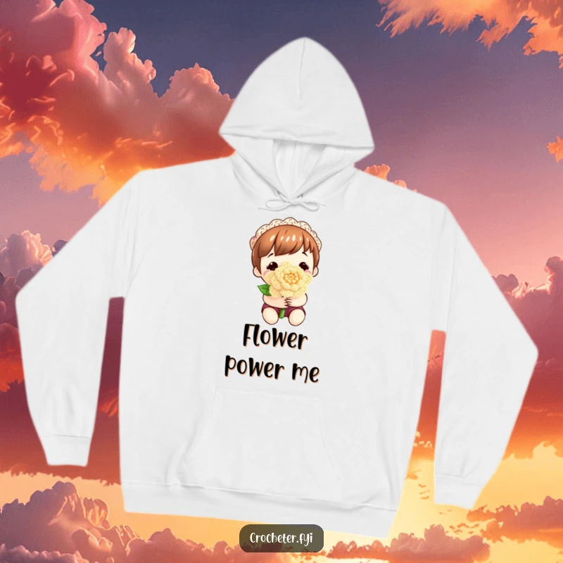Funny hoodie featuring a content character holding a beautiful, finished crocheted flower, exuding pride.