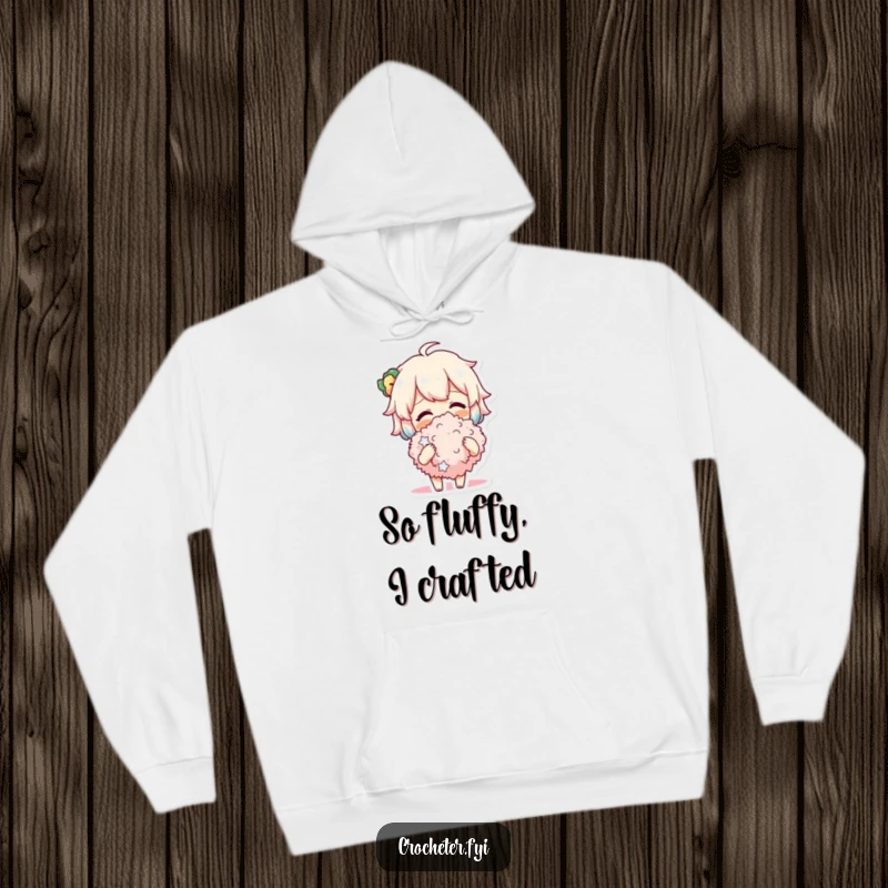 Funny Hoodie with a cheerful character joyfully gazing at a fluffy pompom they've just completed, radiating warmth and crafting satisfaction.
