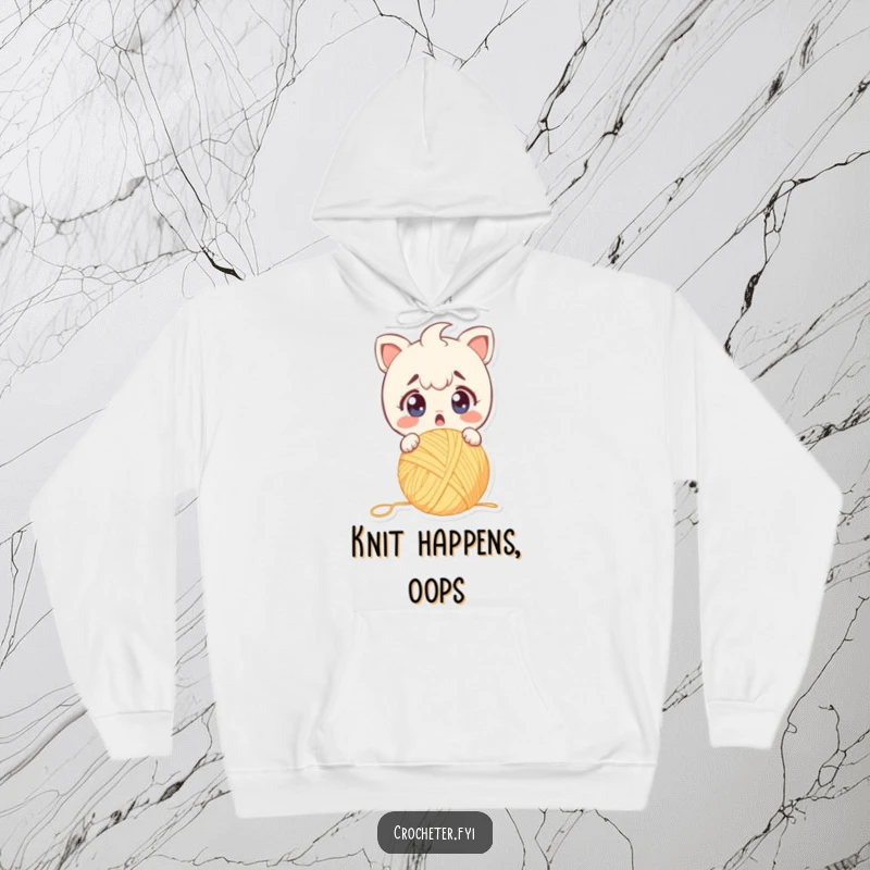 Funny hoodie depicting a surprised character dropping yarn, wide eyes conveying alarm, ideal for cozy, humorous wear.