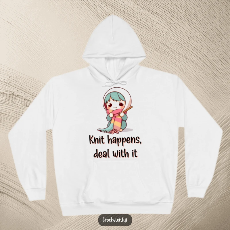 Funny hoodie depicting a cheerful character knitting an impressively long and colorful scarf with large needles, perfect for cozy crafting sessions.
