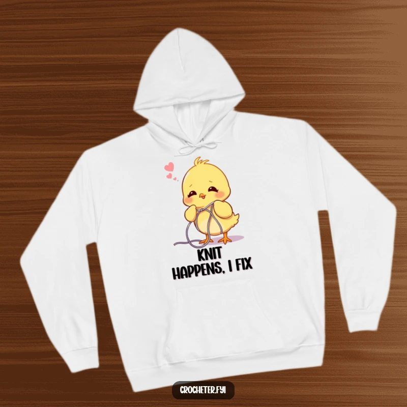 Funny chick hoodie, depicted with a relaxed sigh as it untangles a massive ball of yarn, perfect for crafters.