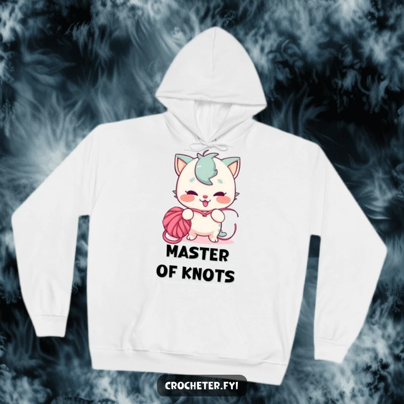 Funny hoodie with a mischievous character playfully tangling yarn into a knot, perfect for cozy crafting and embracing chaos.