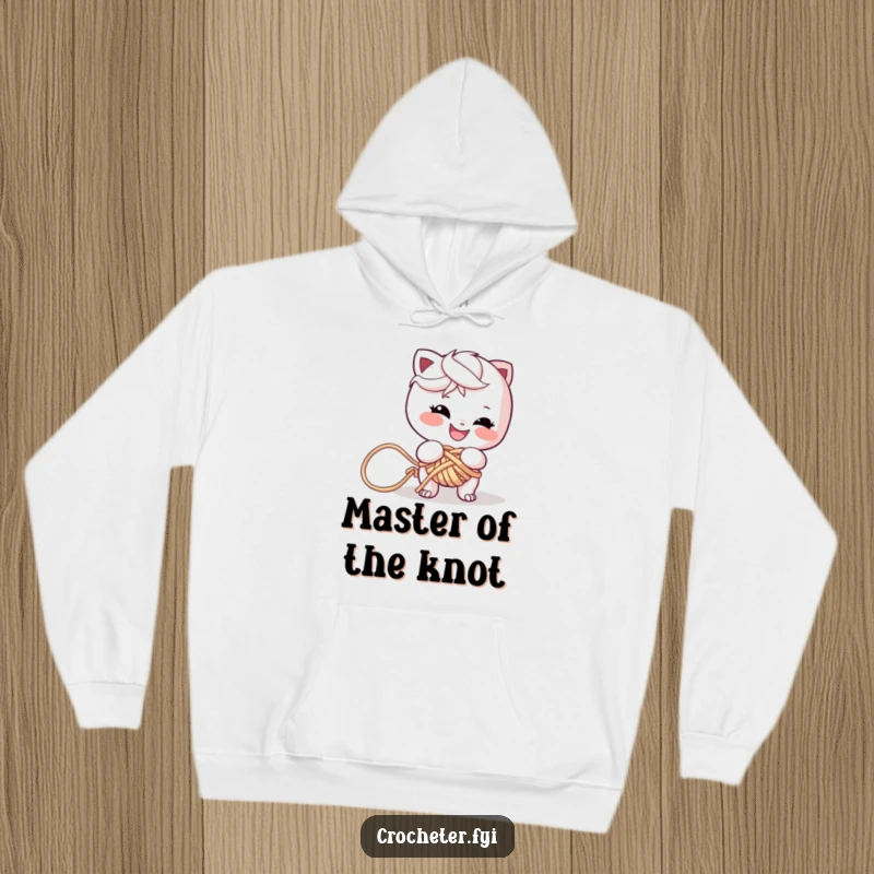 Funny hoodie featuring a mischievous character with a grin, hilariously stuck in a massive, complex knot of colorful yarn.