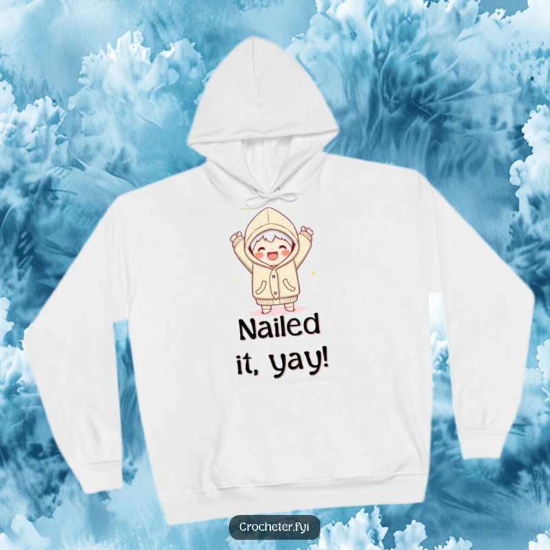 Funny hoodie featuring a joyful character finishing a cozy garment with a triumphant flourish, embodying craft accomplishment.