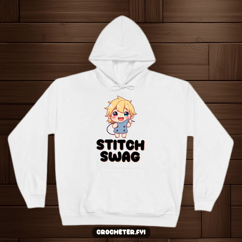 Funny hoodie featuring a joyful character proudly presenting a perfectly formed stitch, exuding happiness and accomplishment.