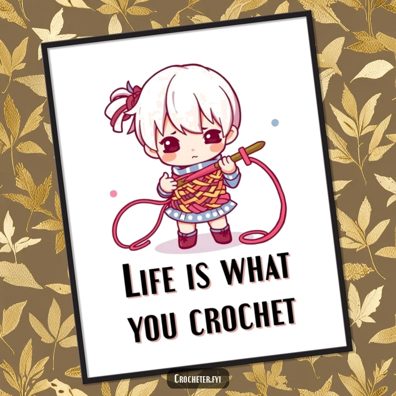 Funny free printable wall art of a determined character intensely focused on manipulating colorful threads with a crochet hook.