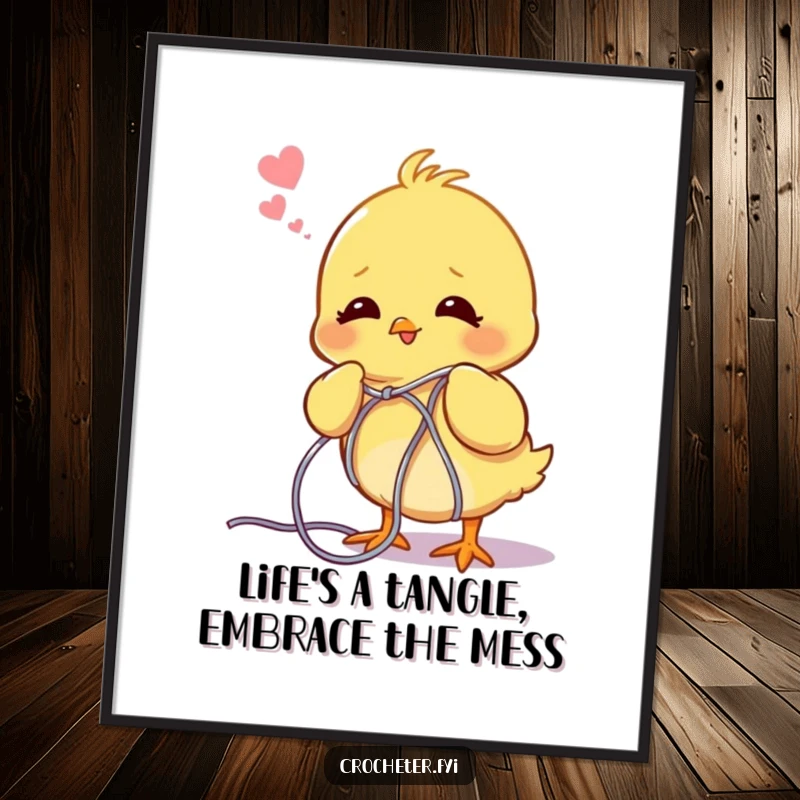 Funny Free Printable Wall Art depicting a content chick sighing as it unravels a massive, tangled yarn ball, adding quirky charm.