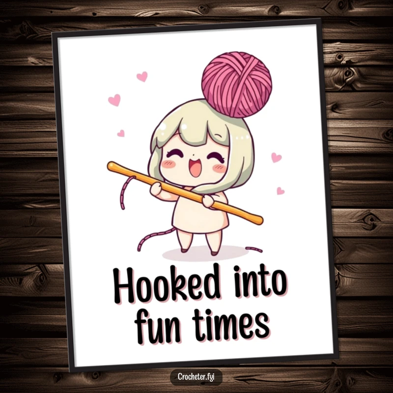 Funny Free Printable Wall Art of a lively character skillfully using a crochet hook to bob yarn in the air.