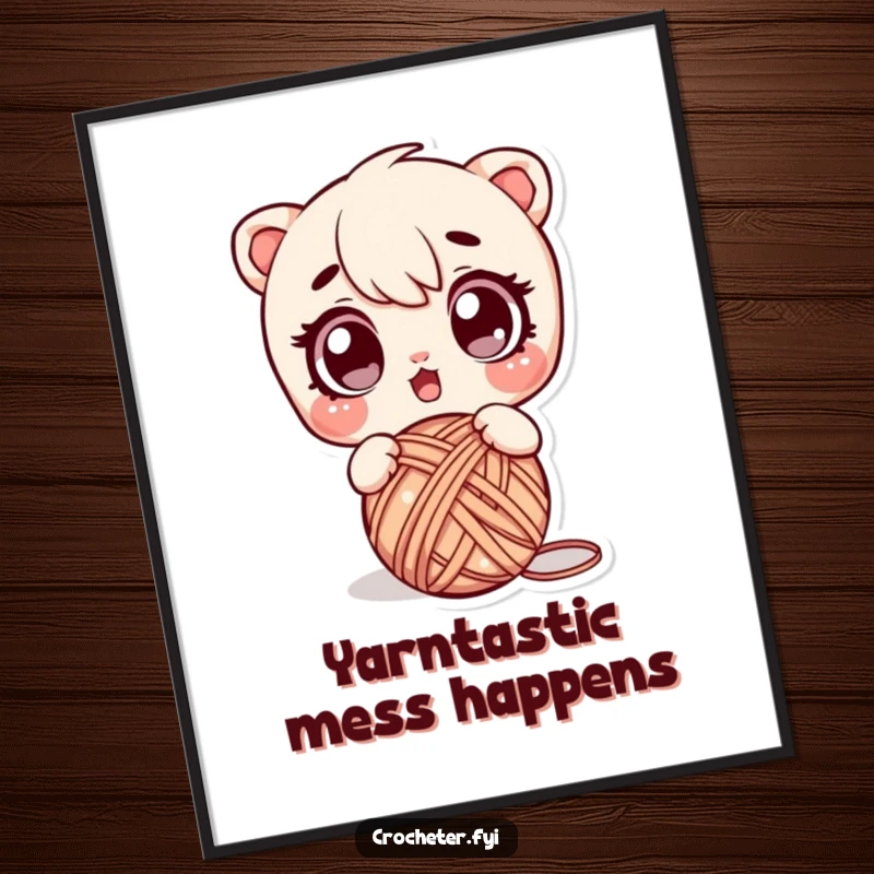 Funny Free Printable Wall Art of a character with wide eyes, startled by dropping a yarn ball.