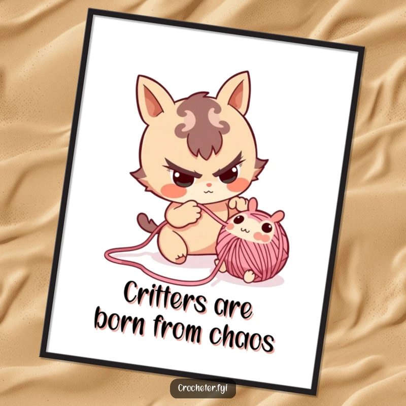 Mischievous Free Printable Wall Art: A playful character peeking from a project, holding a small, adorable yarn creature.