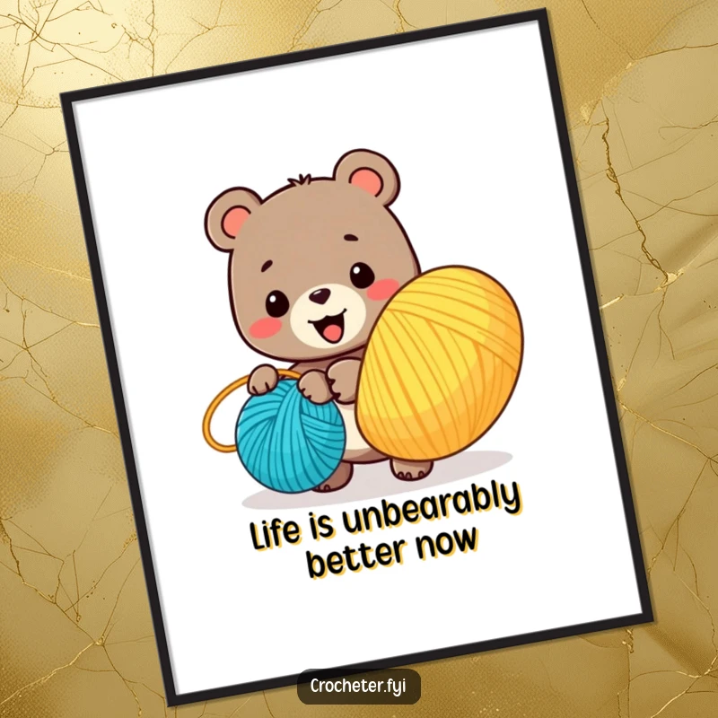 Funny free printable wall art of a happy bear character excitedly winding a giant ball of colorful yarn, creating cozy art.
