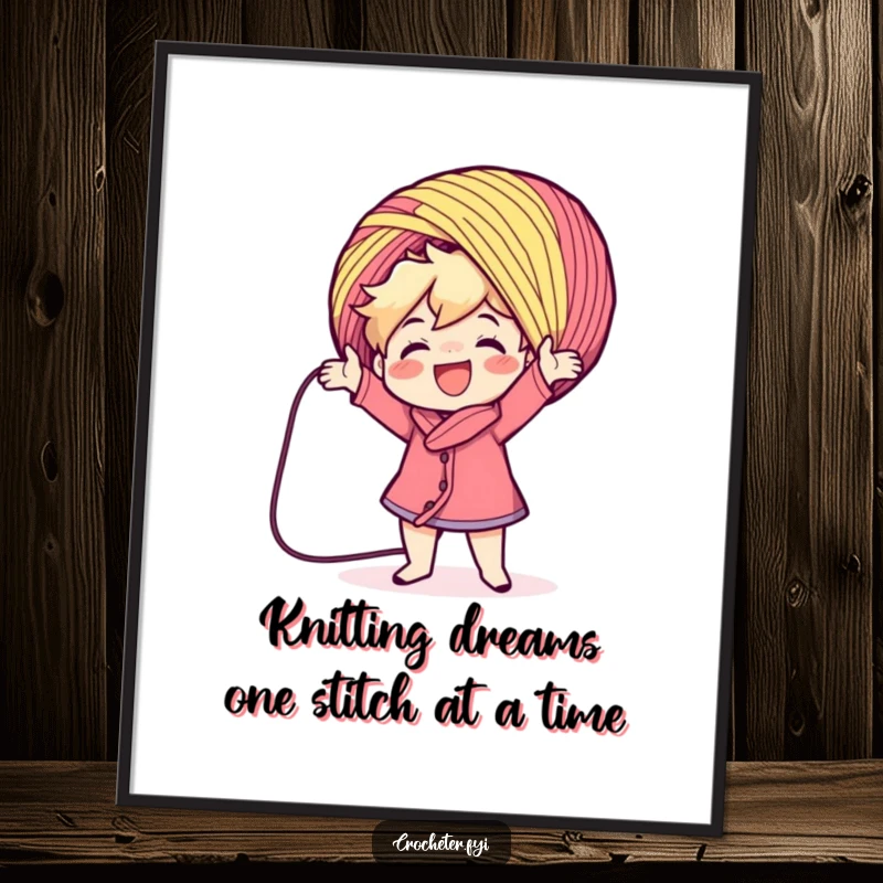 Funny Free Printable Wall Art depicting a happy character enthusiastically casting a large, colorful yarn ball, a celebration of creative play.