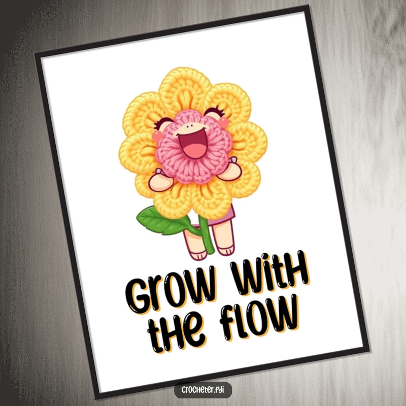 Funny Free Printable Wall Art: A joyful character happily displaying a perfectly formed crochet flower, adding charm to decor.