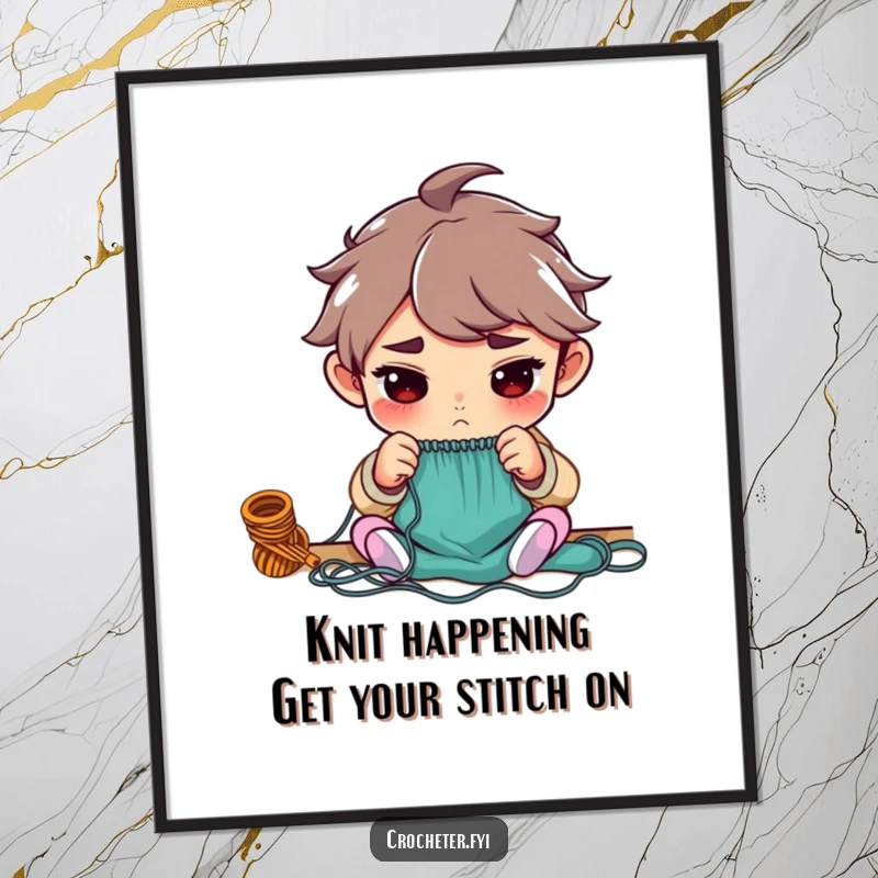 Funny free printable wall art of a character with a determined expression, counting stitches with precision, ideal for a craft room.