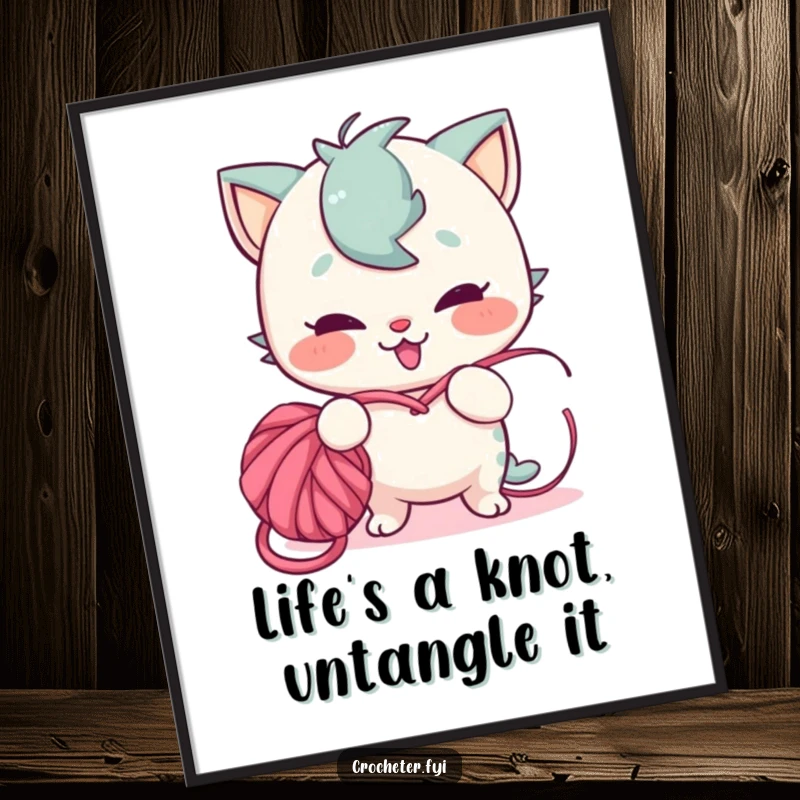 Funny Free Printable Wall Art: A playful character with a mischievous grin creating a tangled knot out of yarn.