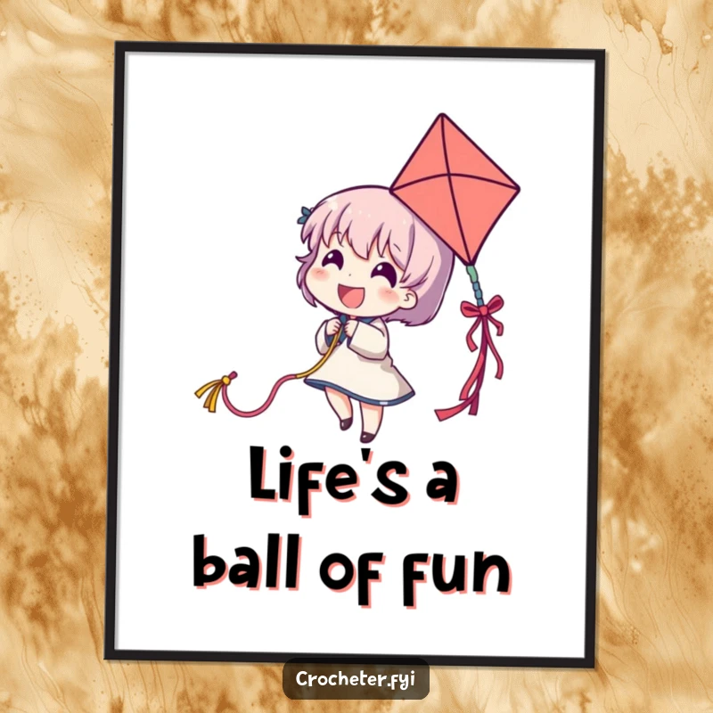 Funny Free Printable Wall Art: Delighted character joyfully flying a long colorful yarn strand like a kite.