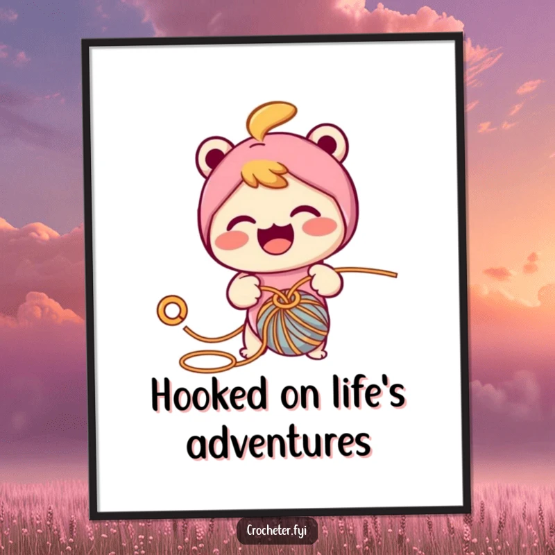 Funny Free Printable Wall Art: A cheerful character enthusiastically pulling yarn through a loop with a crafting hook.