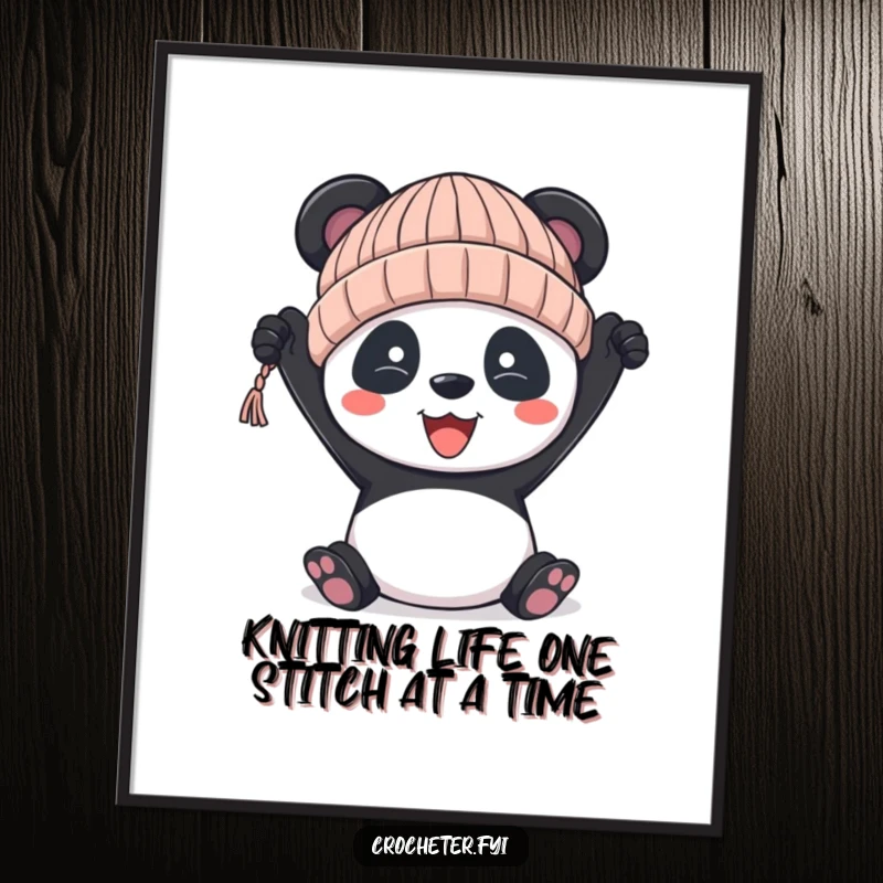 Funny Free Printable Wall Art featuring a proud panda cheering with a charmingly imperfect knitted hat, adding whimsical decor to any room.