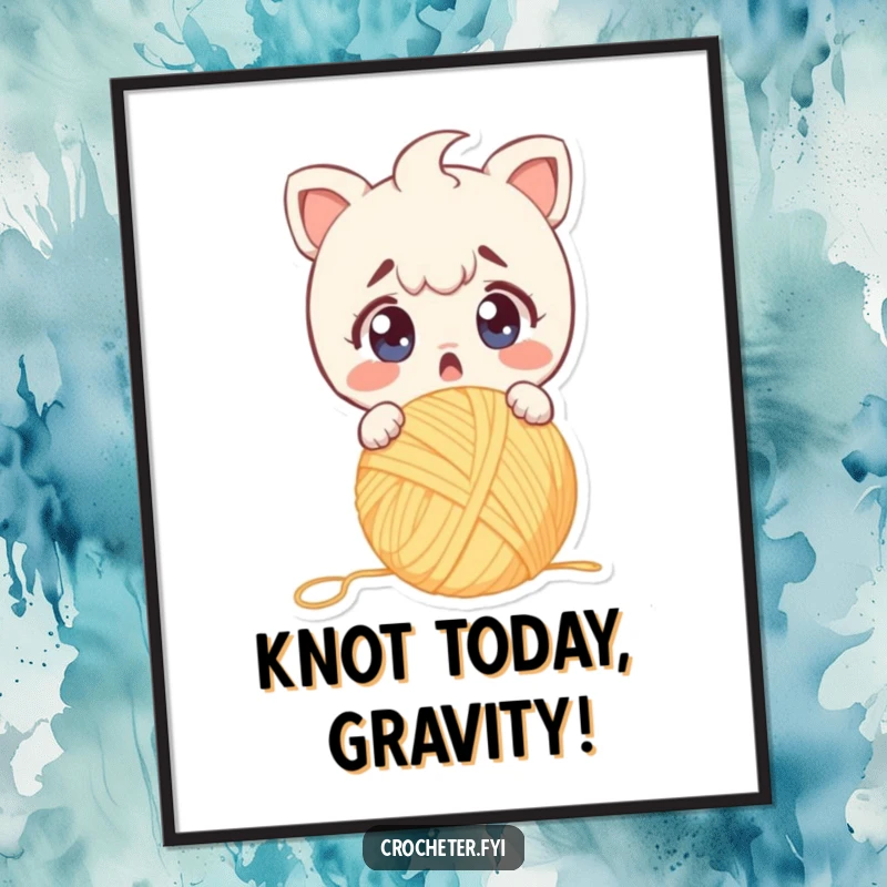 Funny Free Printable Wall Art: A character recoils in shock as a ball of yarn tumbles, capturing a comical moment.