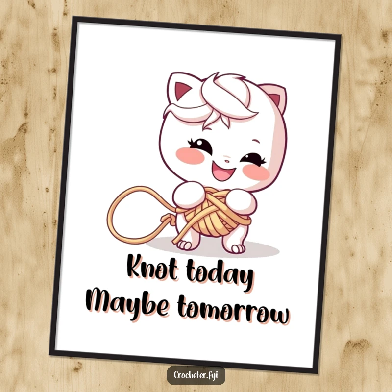 Funny Free Printable Wall Art: Playful character with a mischievous grin, tangling yarn into a comical knot.