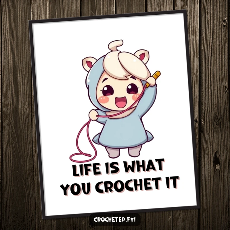 Funny Free Printable Wall Art: Cheerful character excitedly pulling a long thread from a crochet hook, ideal for craft room decor.