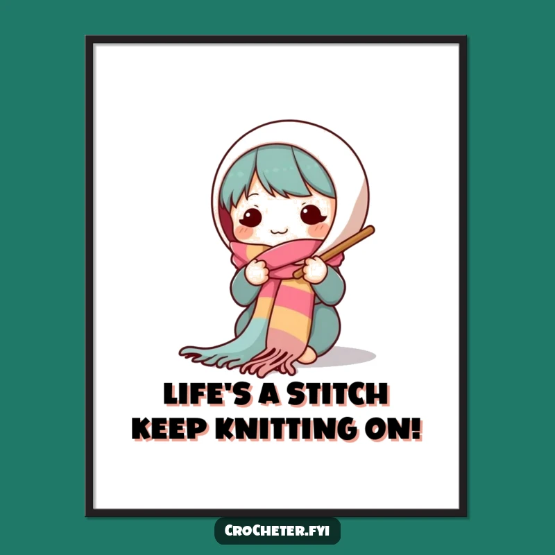 Free Printable Knitting Wall Art: Cute Character Creates Scarf - Funny DIY Decor